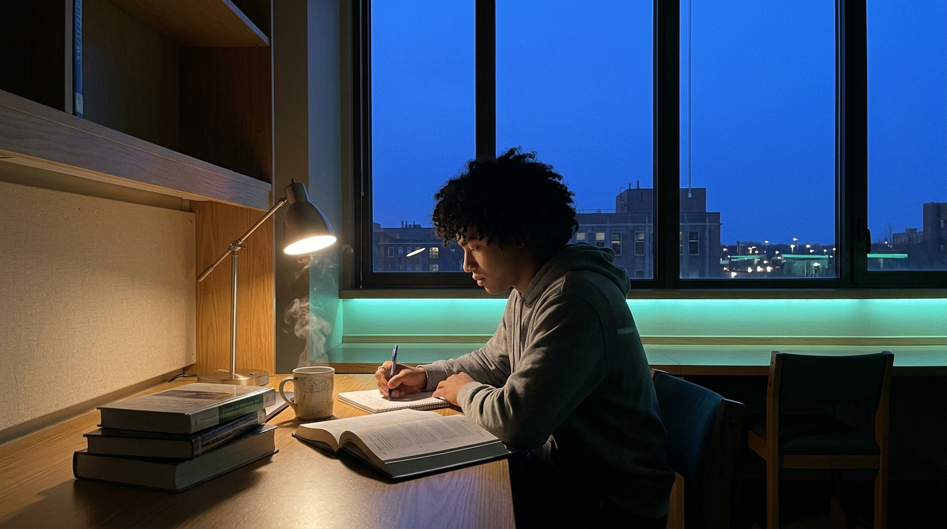 Focus dorm study lounge glowing at night