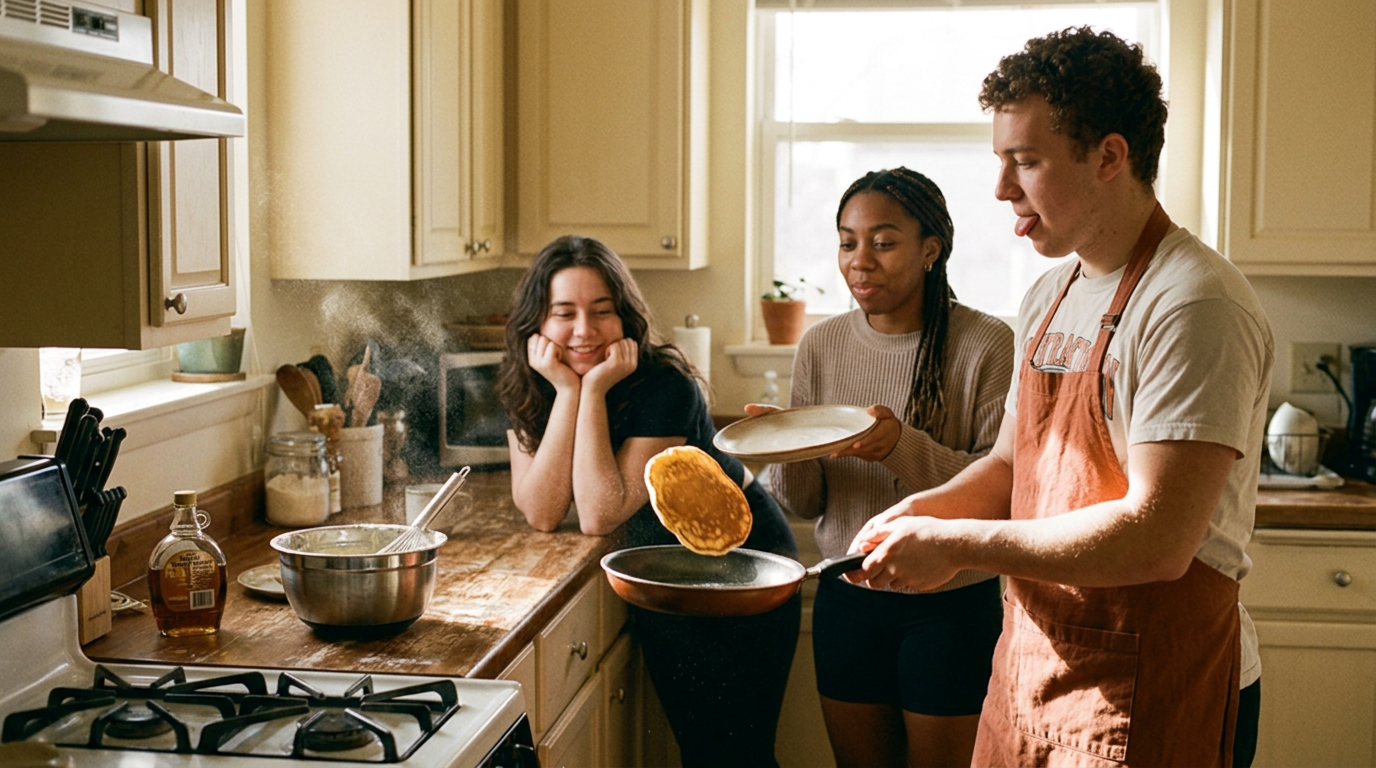 10am pancake sunday, flour everywhere