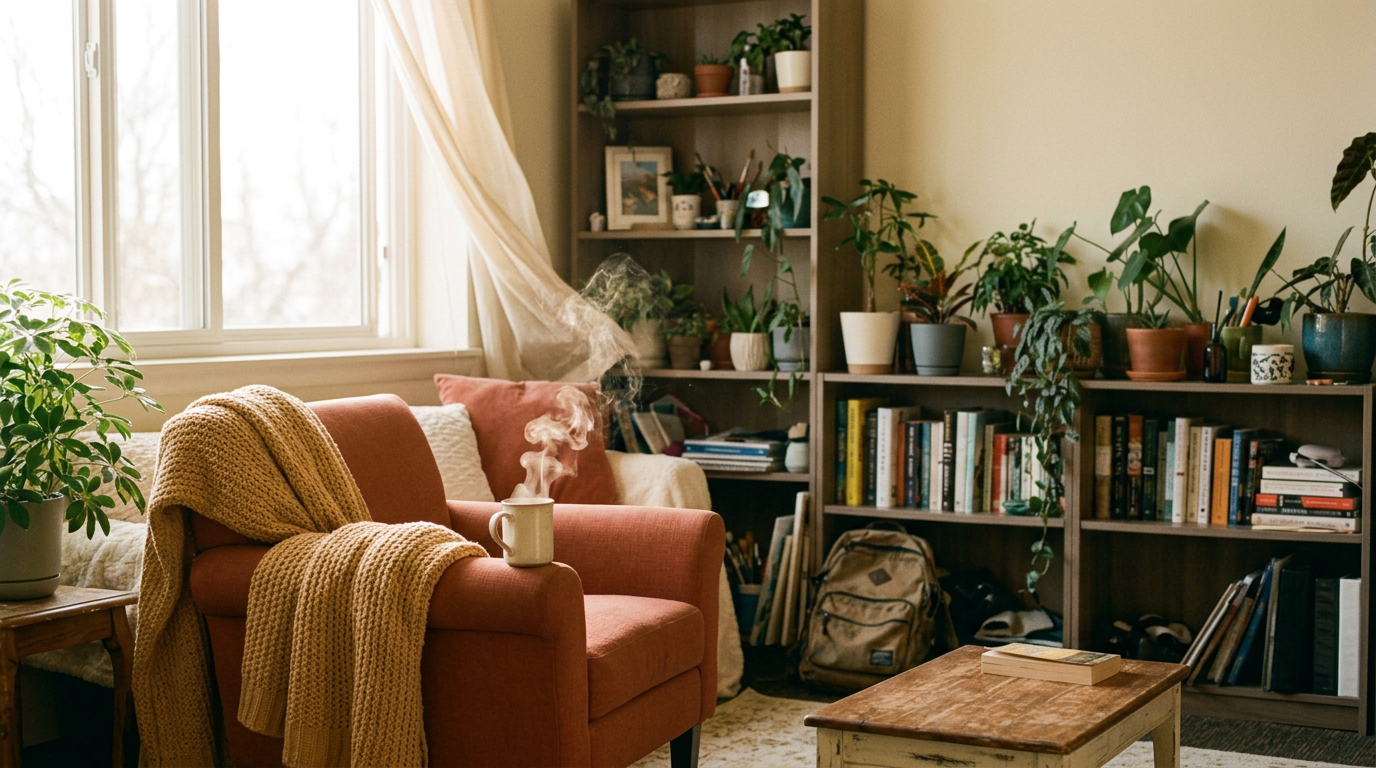 The Nest dorm lounge, warm light and a wall of plants