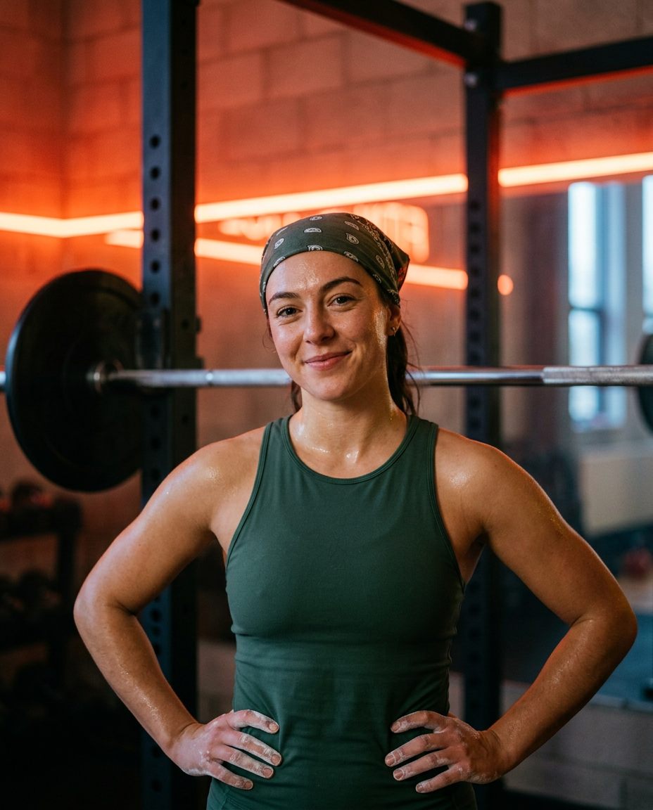 Mia from Pulse, grinning after a workout