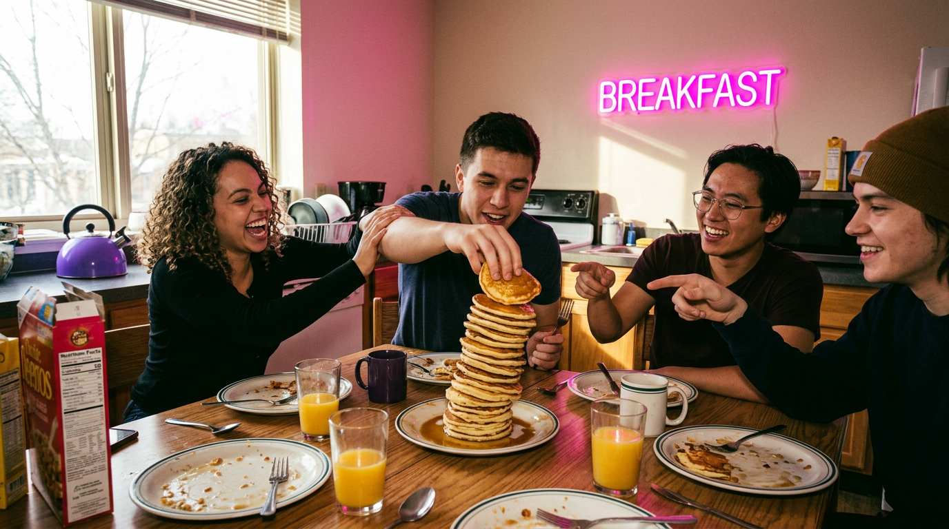 9am pancake tower rising in the shared kitchen