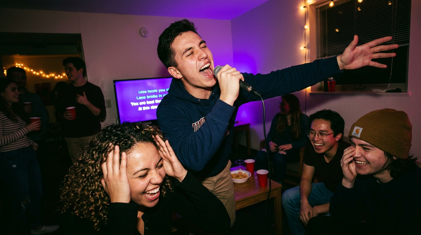 11pm karaoke, the whole floor singing along