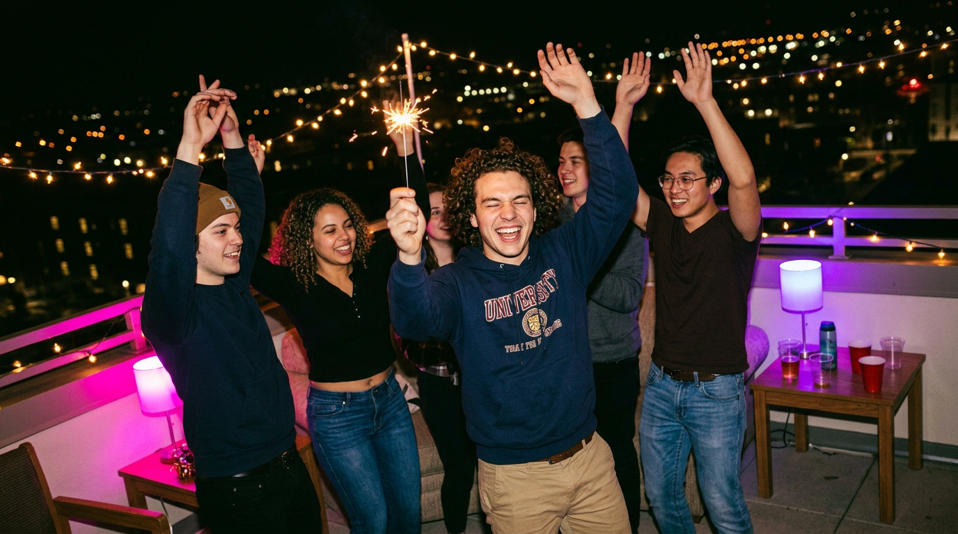 A Social dorm rooftop party in full swing