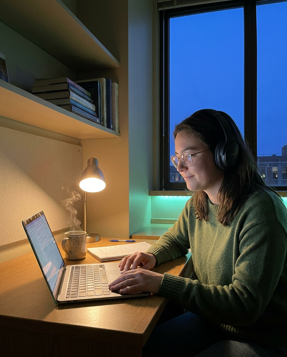 A student locked in at a glowing study booth after dark