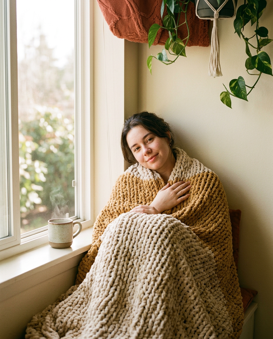 A sunlit lounge overflowing with plants and blankets
