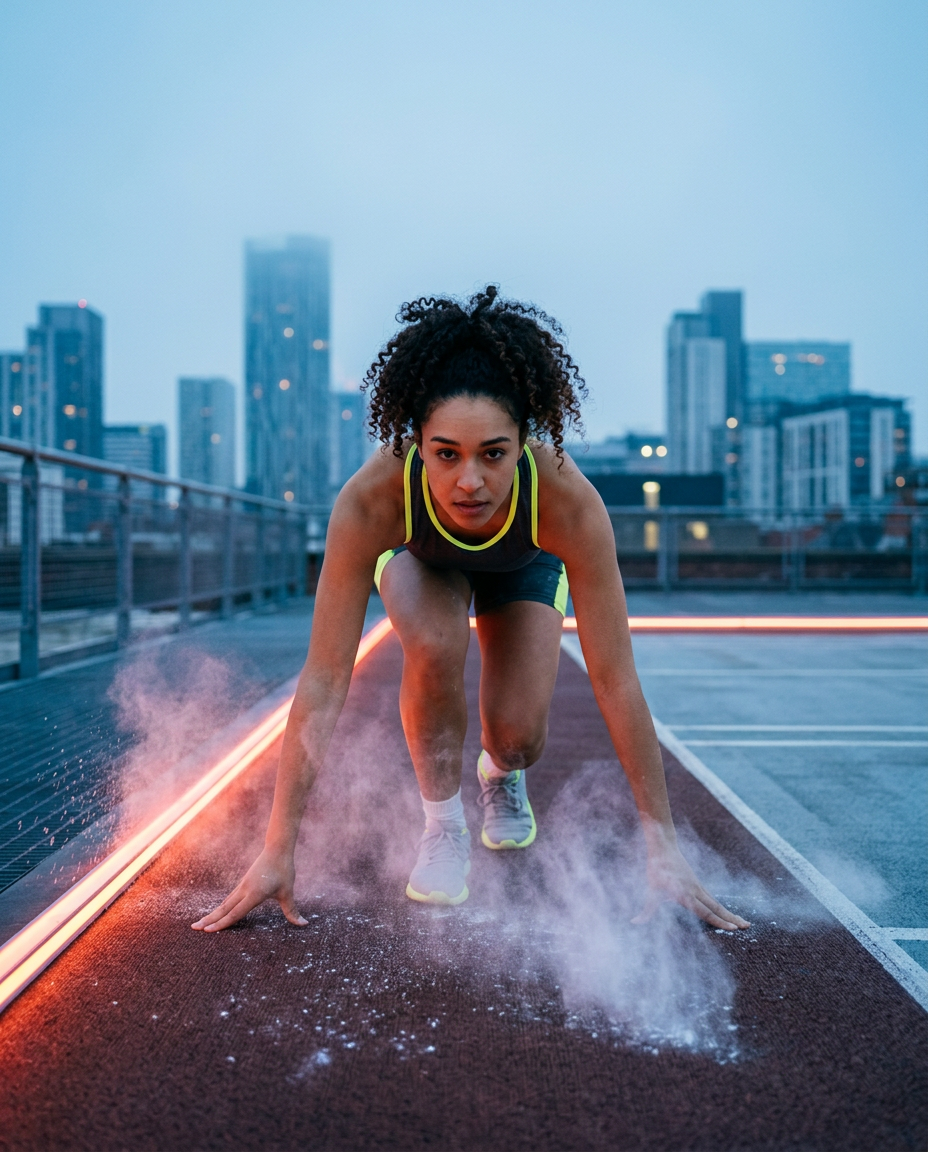 Runners charging down a rooftop track at sunrise