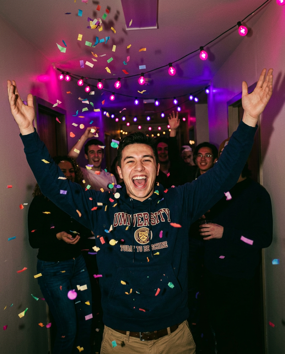 Friends mid-laugh at a rooftop party strung with lights