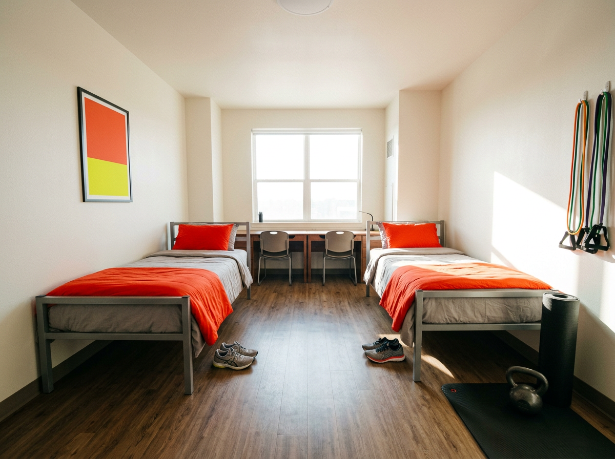 Double room at Pulse — two beds, shared desk zone