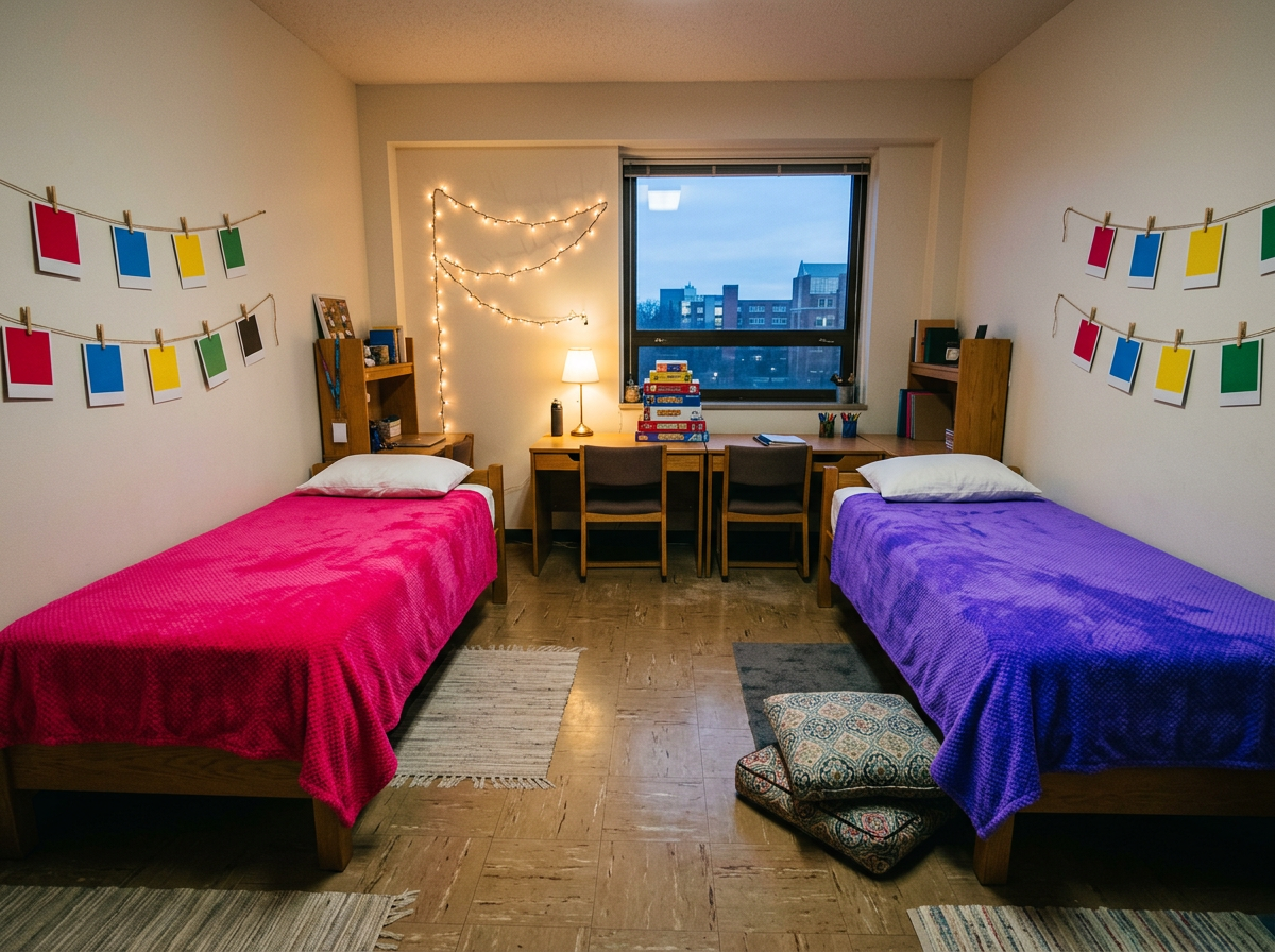 Double room at Social — two beds, posters, shared playlists
