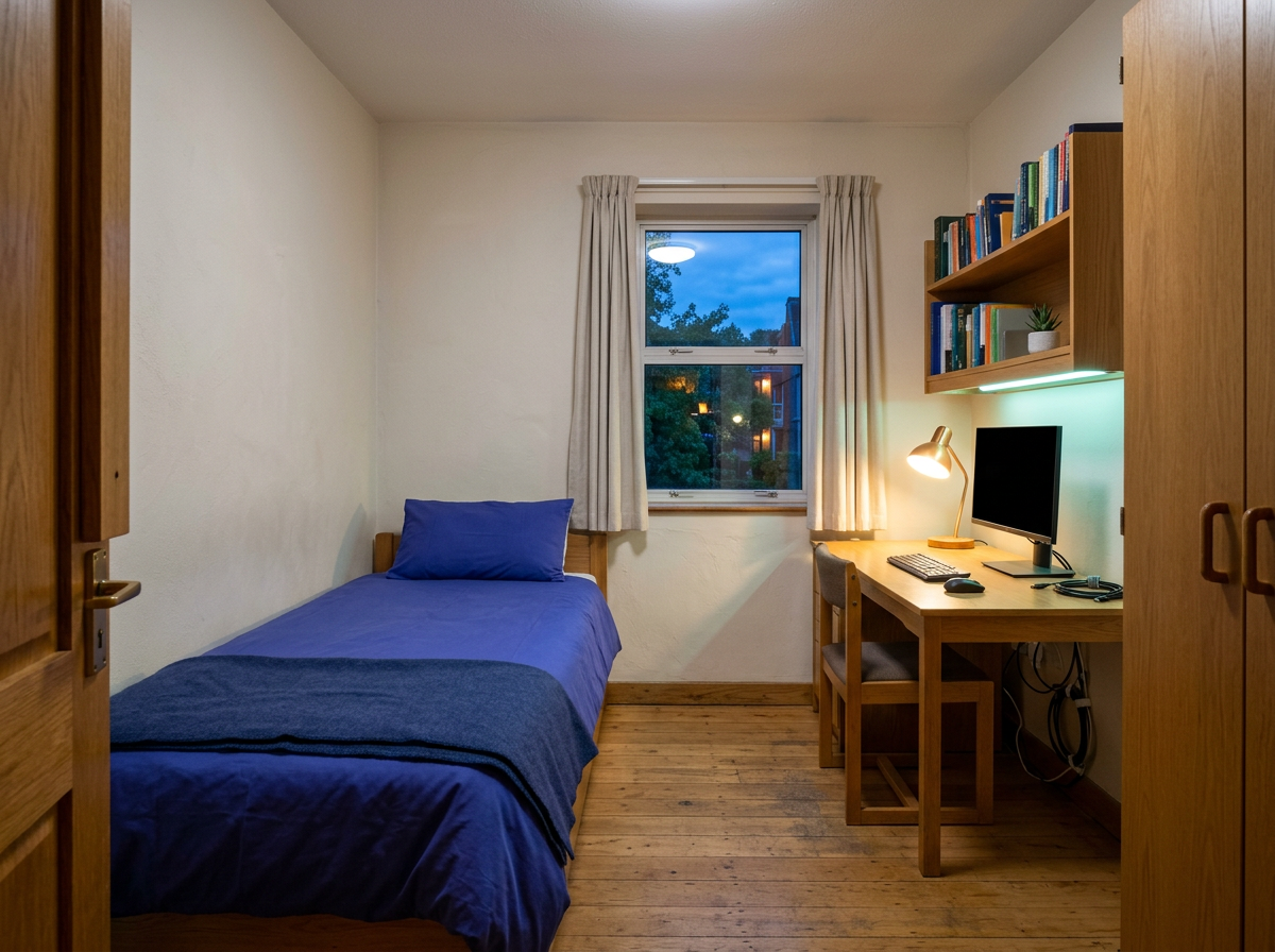 Single room at Focus — clean desk, warm lamp, zero clutter