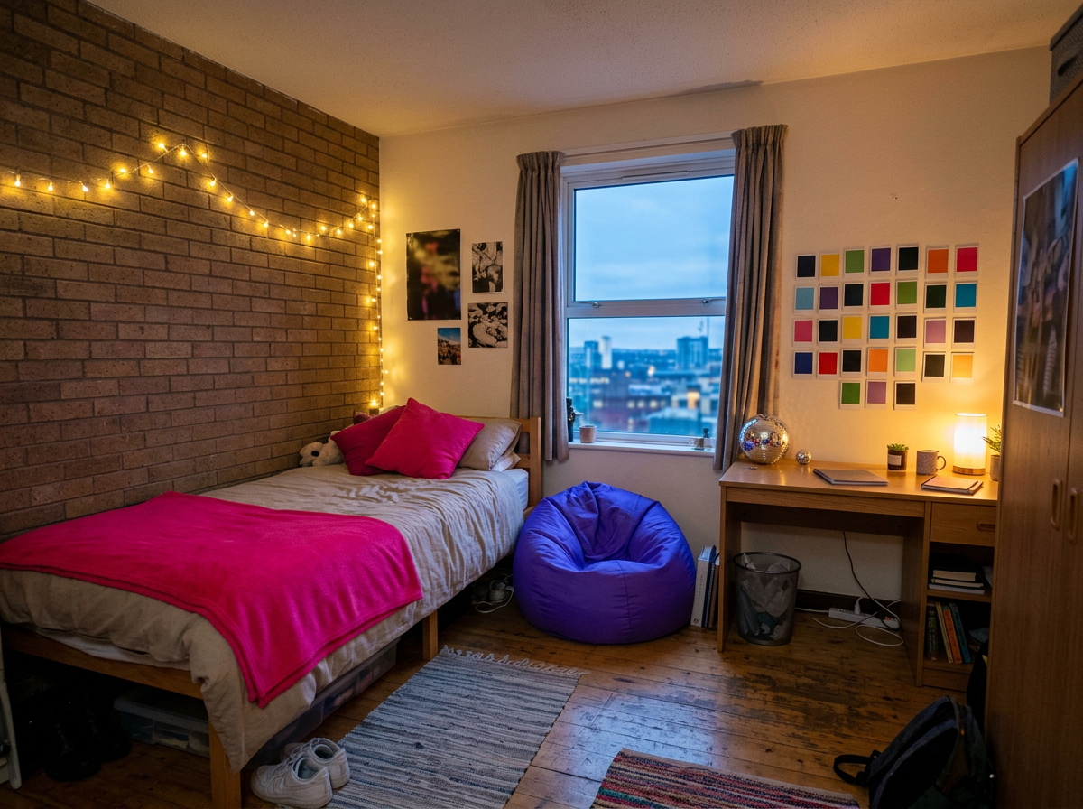 Single room styled the Social way — string lights, open door