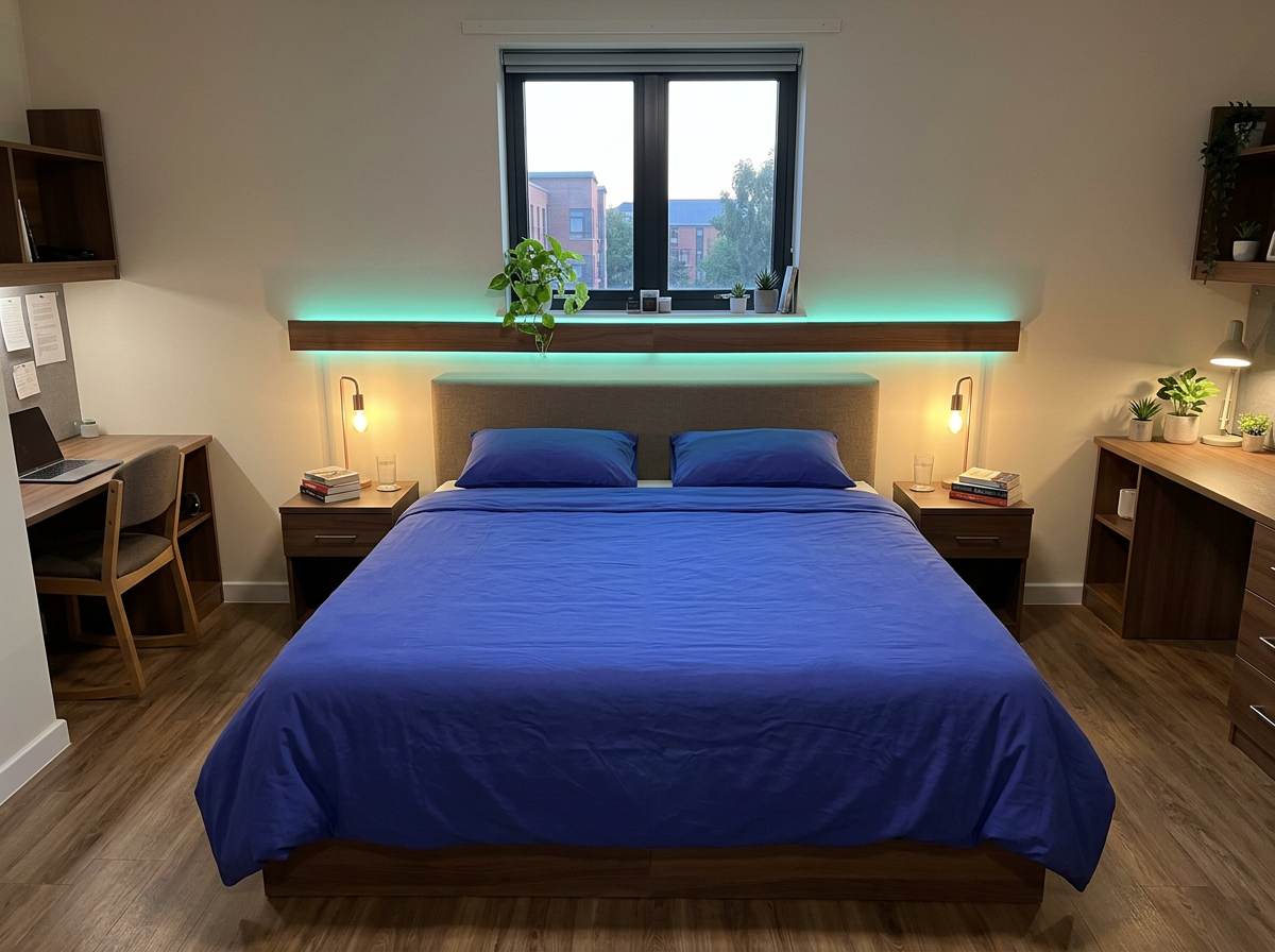 Twin room at Focus — one queen bed, reading lights set low