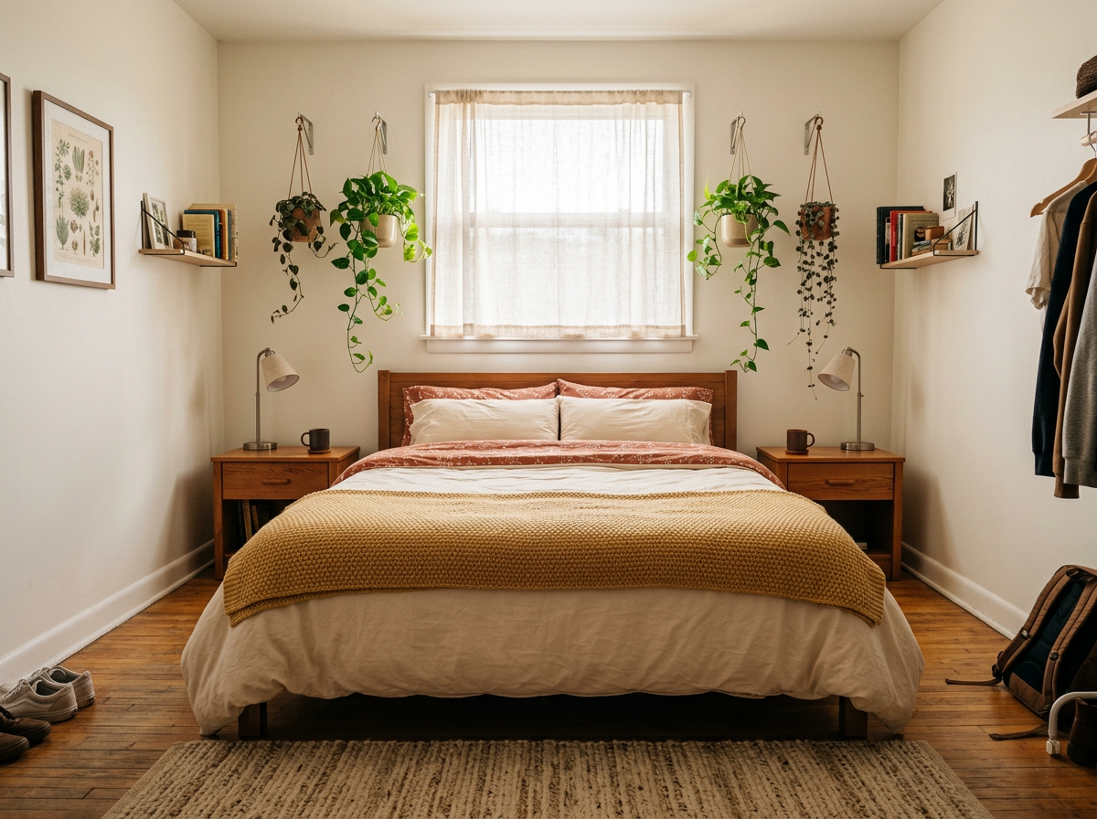 Twin room at Nest — one queen bed under a knit throw